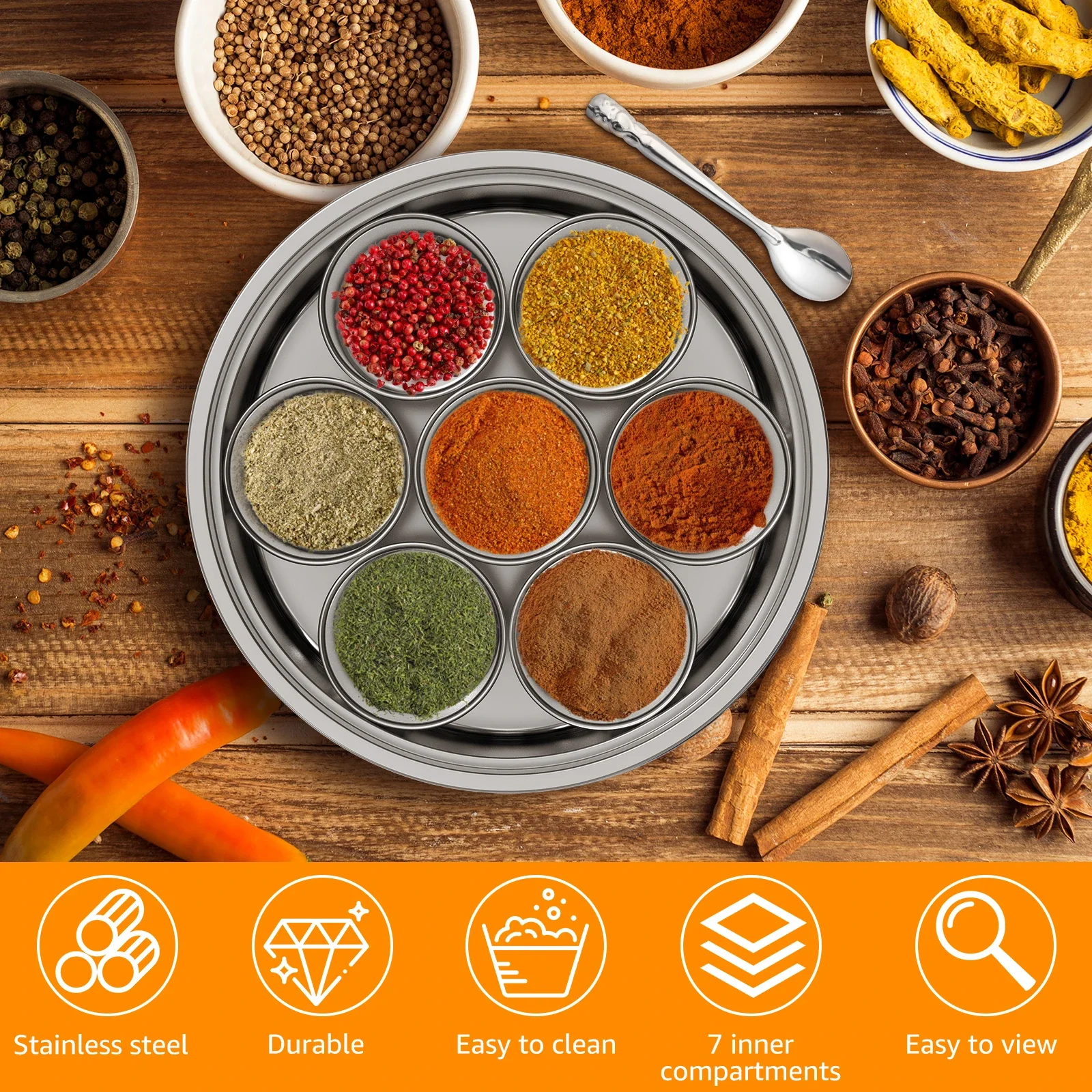 Spicy Box Stainless Steel Spicy Container with 7 Compartments Indian Spicy Box with Transparent Lid