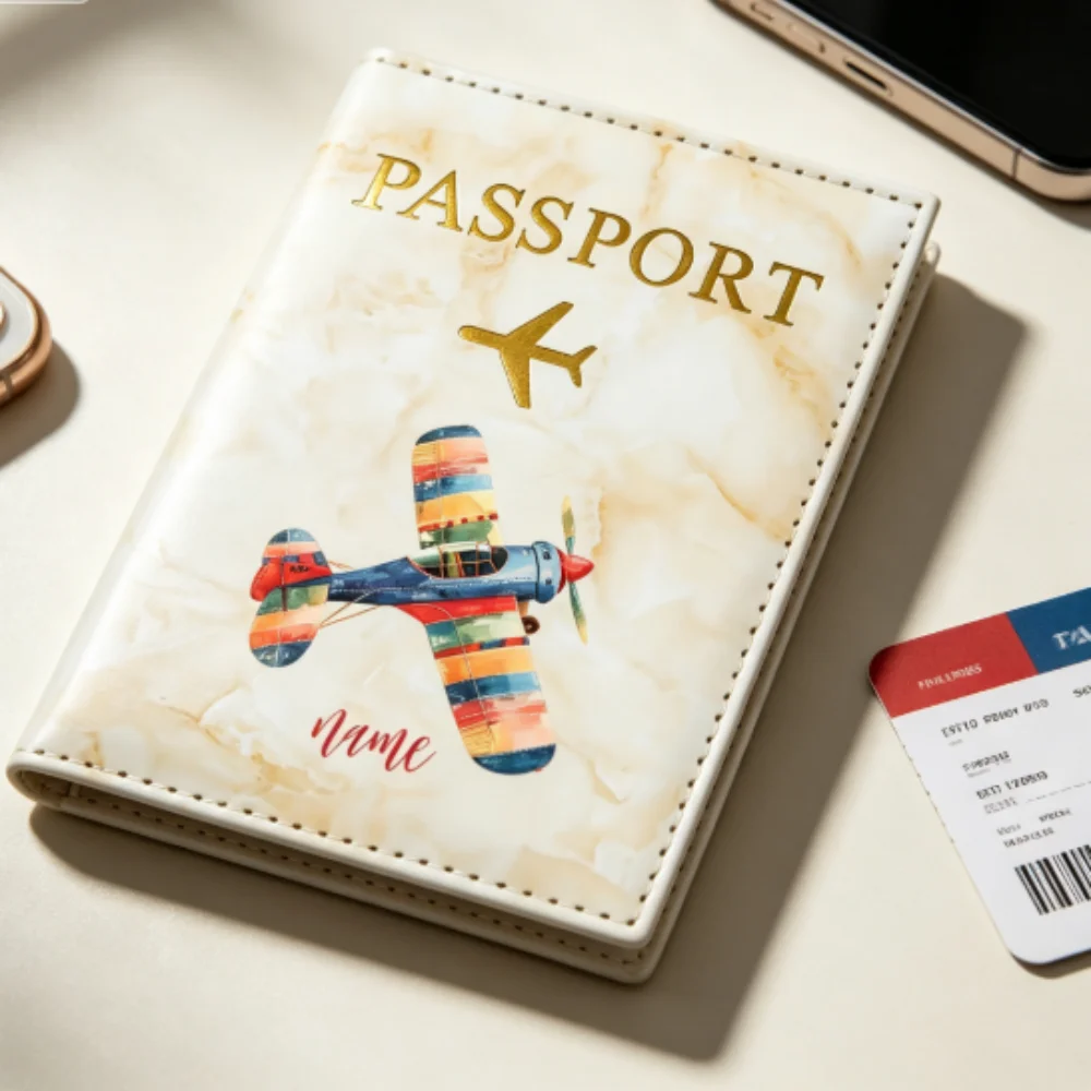 Customized Name Watercolor Airplane PU Passport Holder,Personalized Colorful Stripes& Vintage Aircraft Illustration Travel Cover