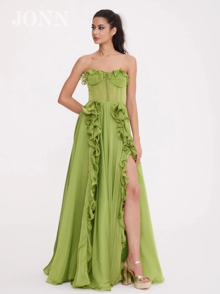 

JONN Sexy Strapless Ruffles Button Maxi Dress Women Green Sleeveless Lace-up Split Floor-Length Evening Party Gowns