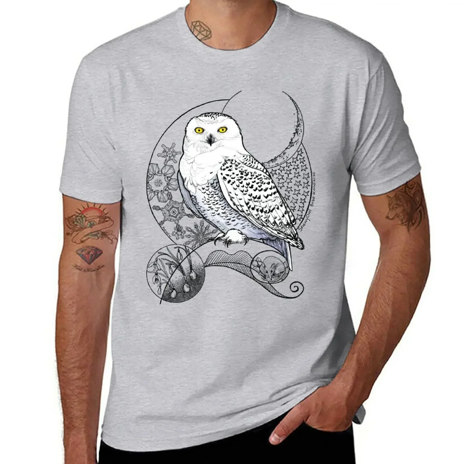 Snowy Owl Doodle in a wintery scene T-Shirt shirts graphic tees hippie clothes cute tops Men's t-shirt