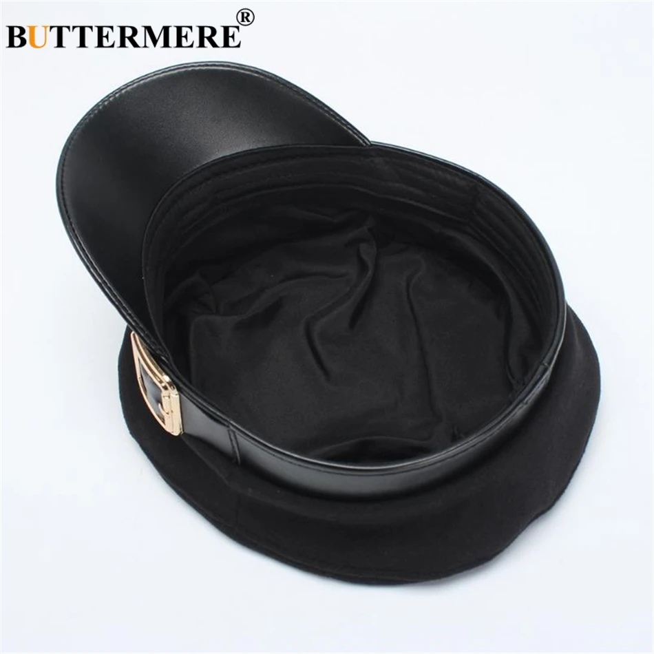 BUTTERMERE Military Hat Women Army Cap Woolen Patchwork Leather Black Baker Boy Hat Spring Autumn Brand Sailor Flat Top Hat