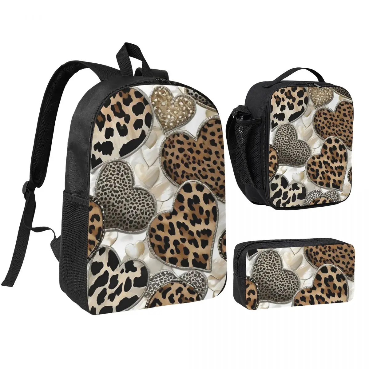 Leopard Print Heart-Shaped Backpack Student BookBag School Bag Shoulder Bags 3ps Insulated Lunch Bag Pencil Case