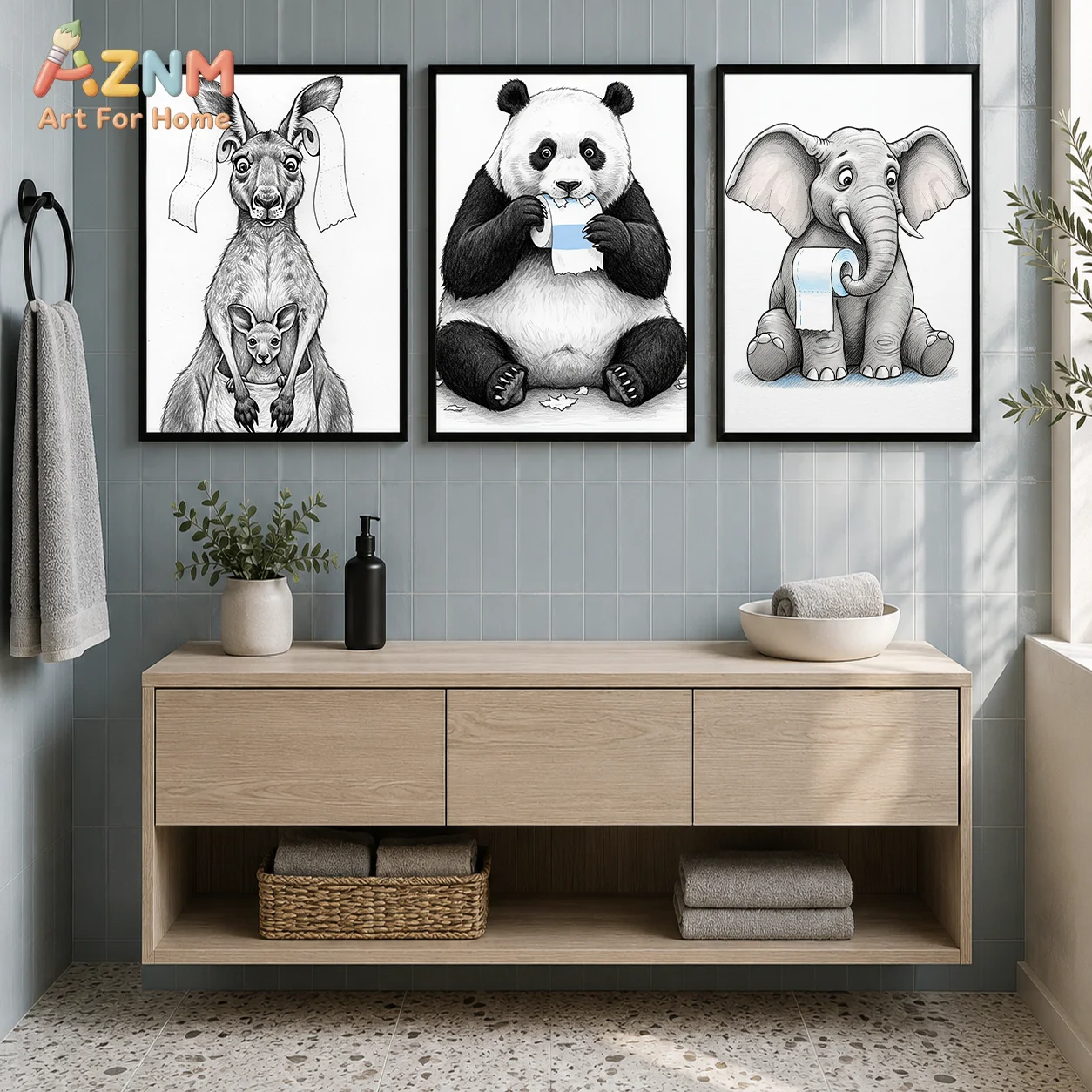 AZNM Unframed Canvas Print Funny Animal Toilet Paper Wall Art Kangaroo Panda Elephant Bathroom Home Decor Poster