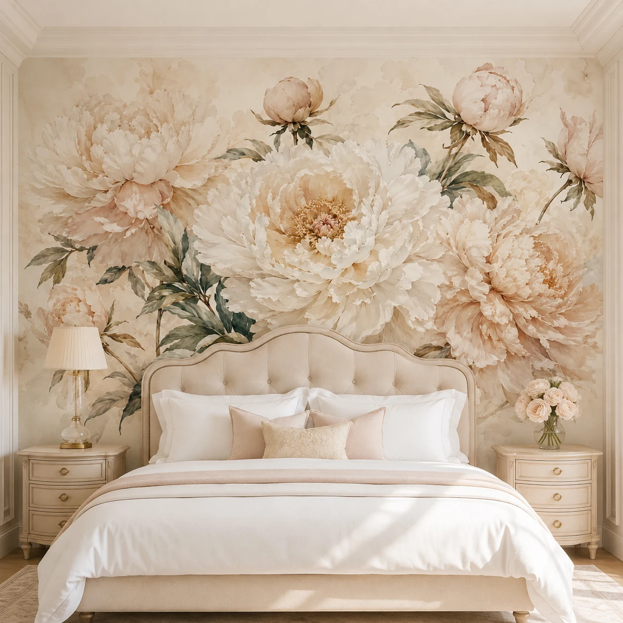 French Cream White Peony Watercolor Floral Wall Mural Custom Wallpaper Living Room Decor, Glue Not Included