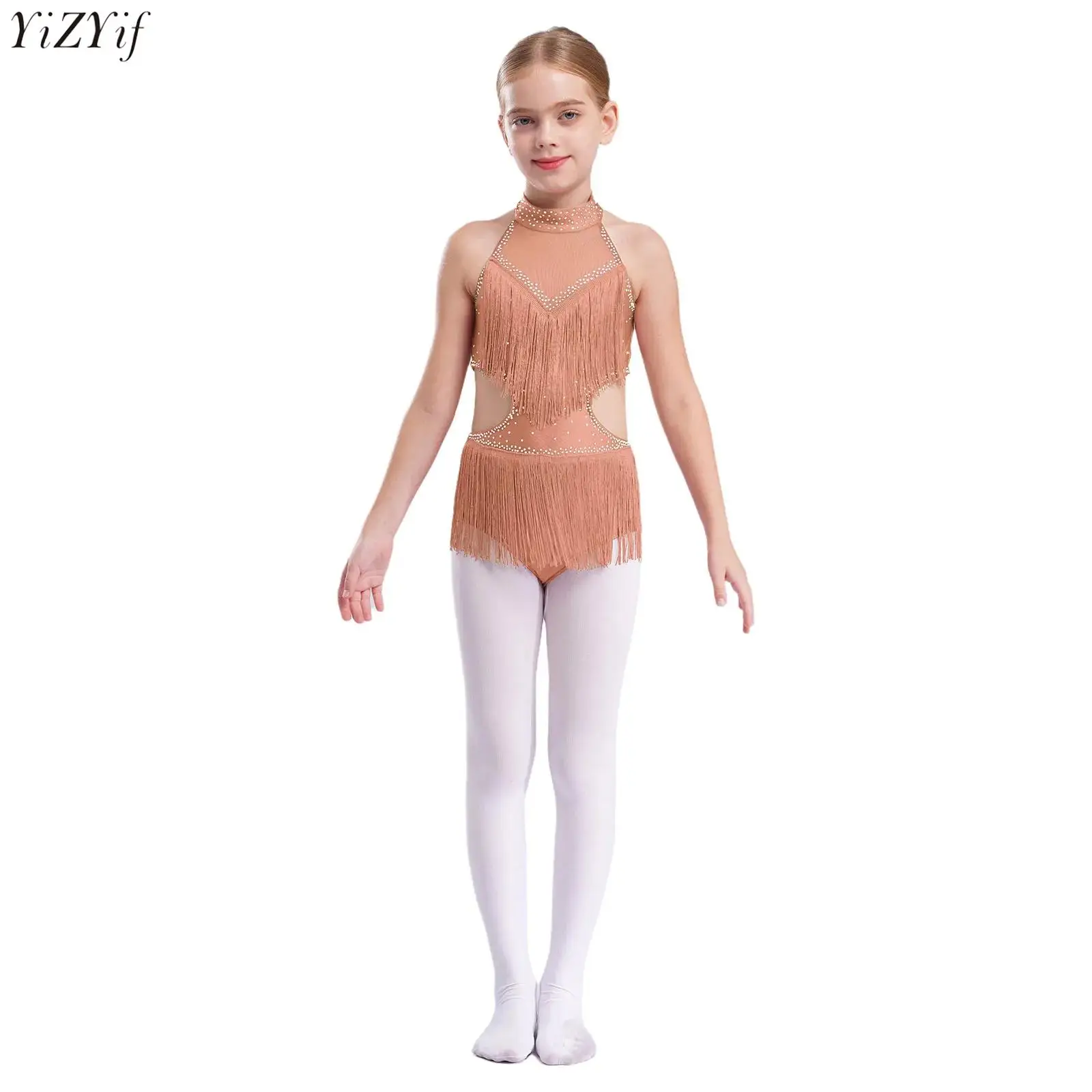 

Kids Girls Tassels Latin Dance Skirted Bodysuit Sleeveless Cutout Backless Rhinestones Fringed Leotard Jazz Tango Dance Costume
