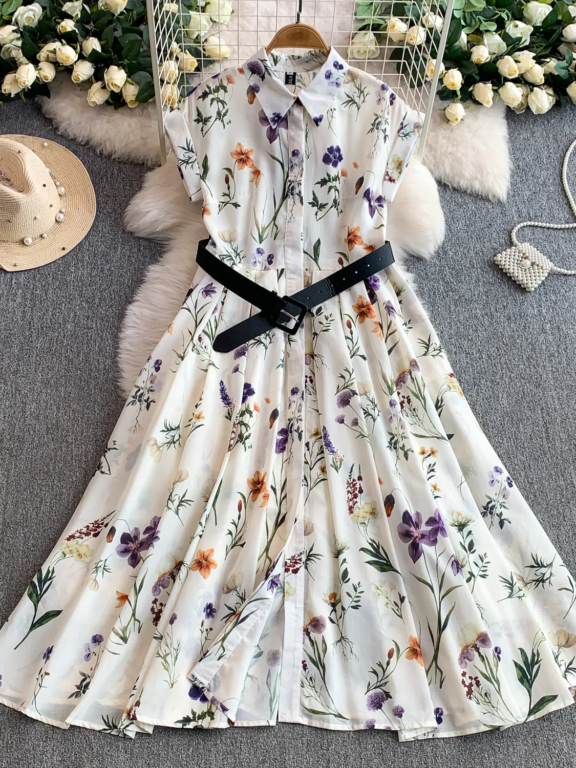 กระโปรงยาวทรงเอไลน์ผ้าชีฟองพิมพ์ลายดอกไม้ รุ่น Vaion Sle สำหรับผู้หญิง ช่วยกระชับเอวและพรางหุ่น พร้อมกระดุมด้านหน้า