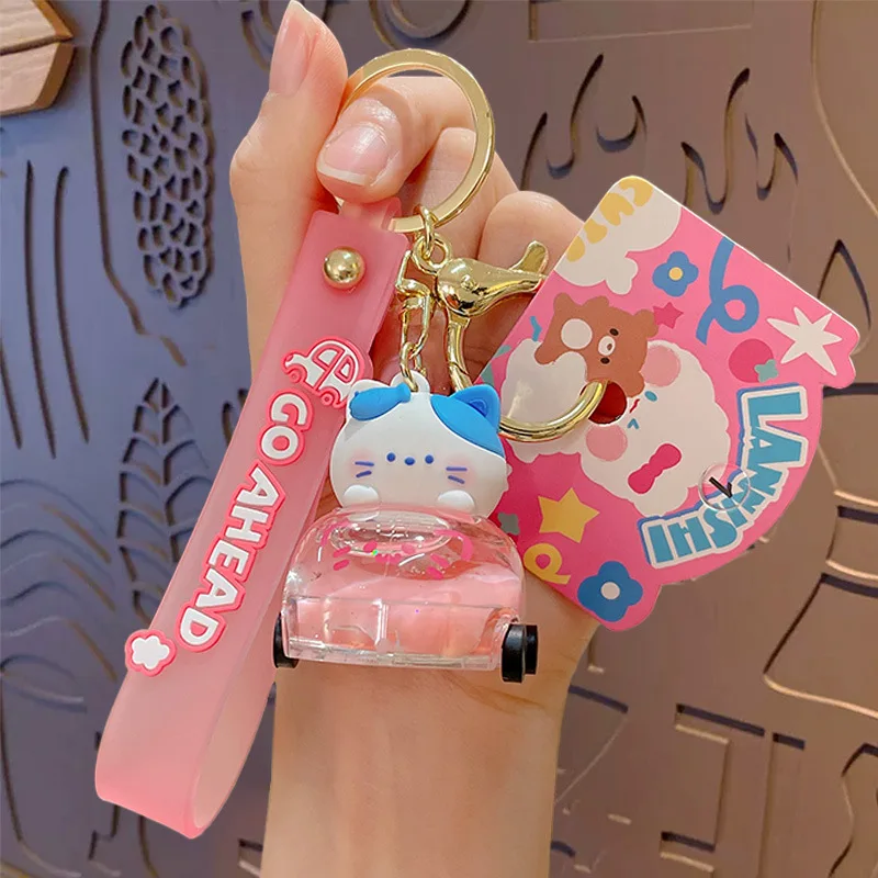 Cartoon Animal Family Into Oil Pink Kitten Car Liquid Key Chain Cute Floating Pearl Bubble Bottle Frog Brown Bear Doll Keychain