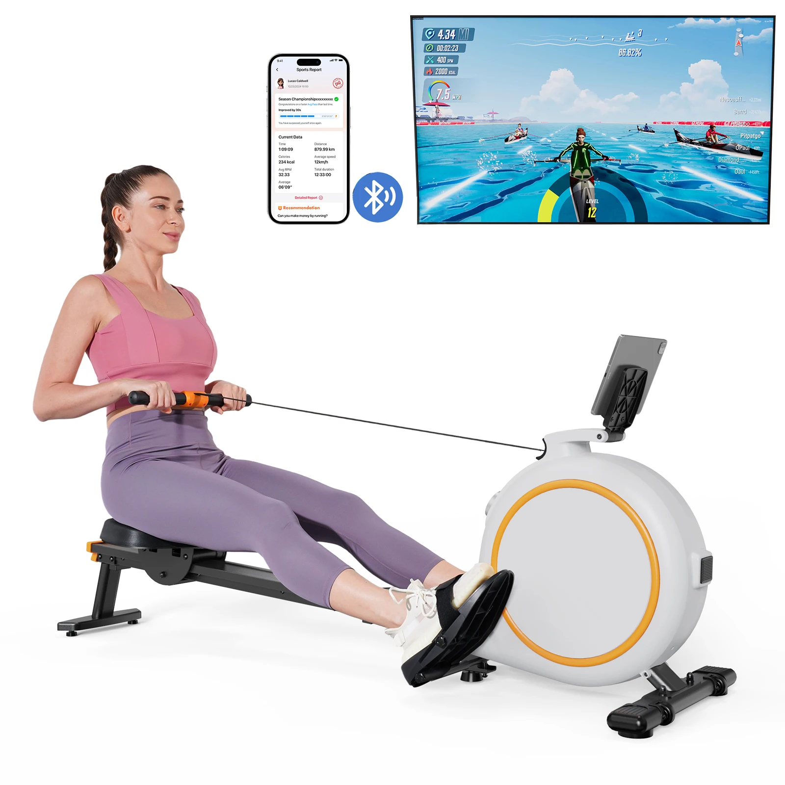 Rudergerät für zu Hause, 32 Stufen, einstellbarer Widerstand, 300 Pfund, Trainer, Rudergerät, LED-Monitor, Tablet-Halter, Bluetooth-Fitnessgerät