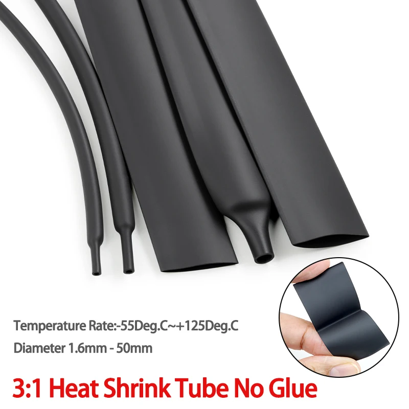 3/5m Black 3:1 No Glue Heat Shrink Tube Waterproof Diameter 1.5mm ~ 50m Polyolefin Cable Sleeve For Electrical Wire Insulation