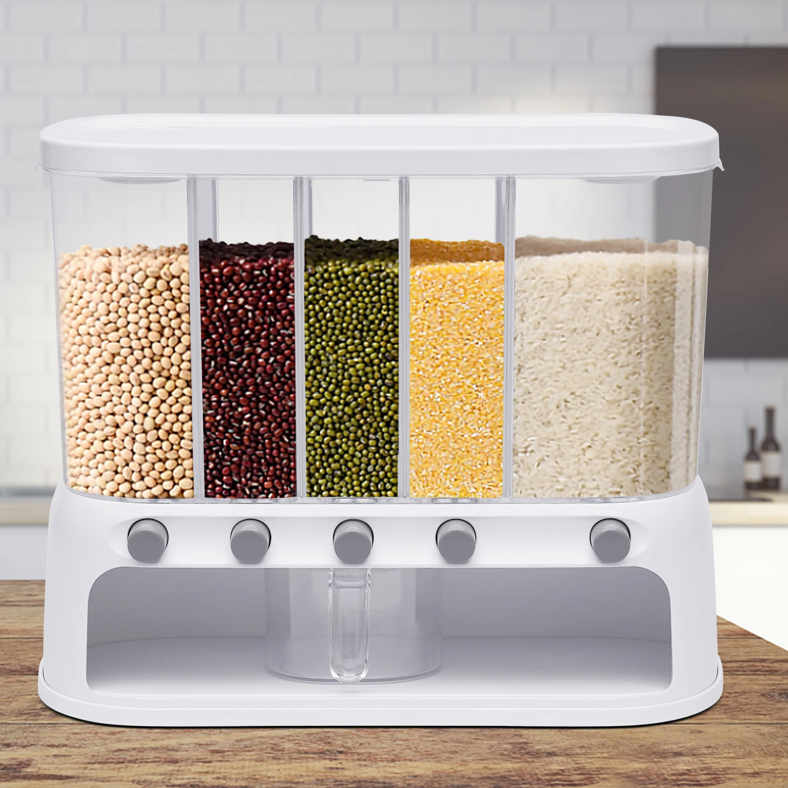 Dry Food Dispenser Wall Mounted 5 Grid Beans Dispenser Rice Dispenser  Kitchen Storage With Measuring Cup