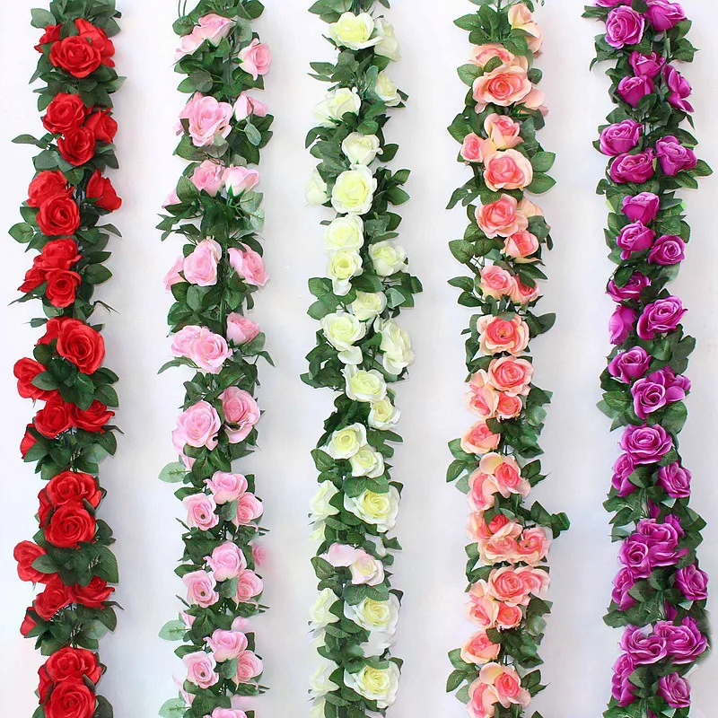 1pcs Silk Artificial Rose Vine Hanging Flowers Rattan for Wall Decor Rattan Fake Plants Leaves Garland Wedding Home Decoration