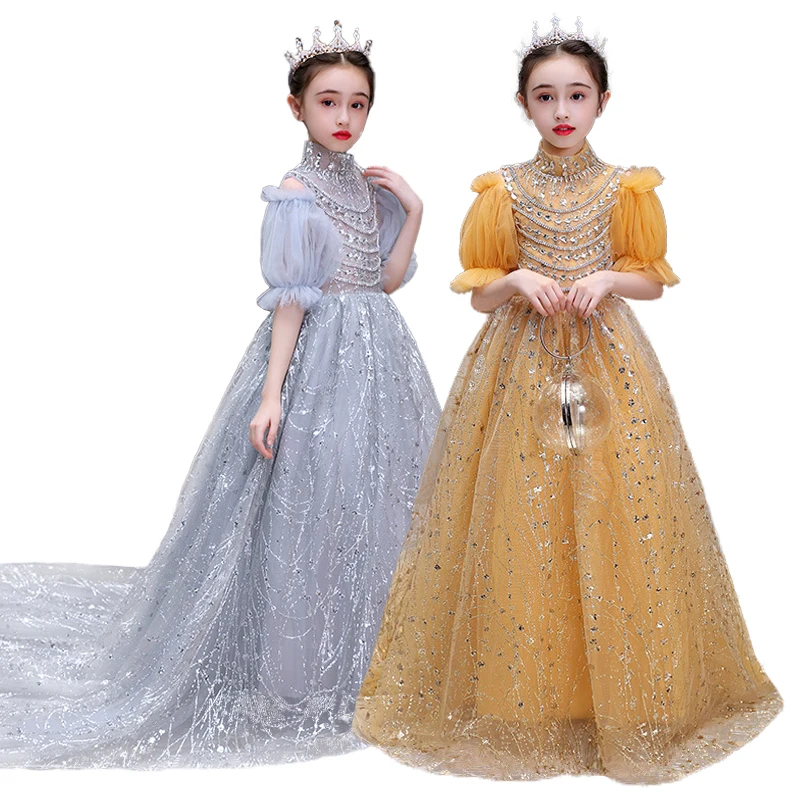 

Girls Gold Gray Sequined Tulle Princess Dress Elegant Beaded Birthday Carnival Pageant Performance Gown for 1-14Y Kids