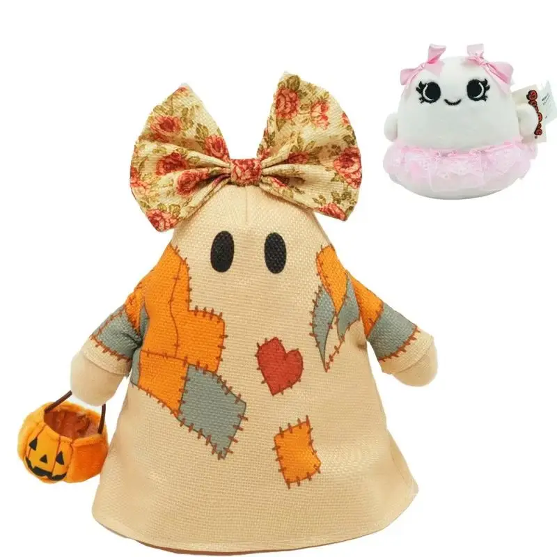 Halloween Ghost Soft Fluffy Patchwork Plush Doll With Floral Bow Pumpkin Basket Holiday Party Prop Home Table Decor Gift