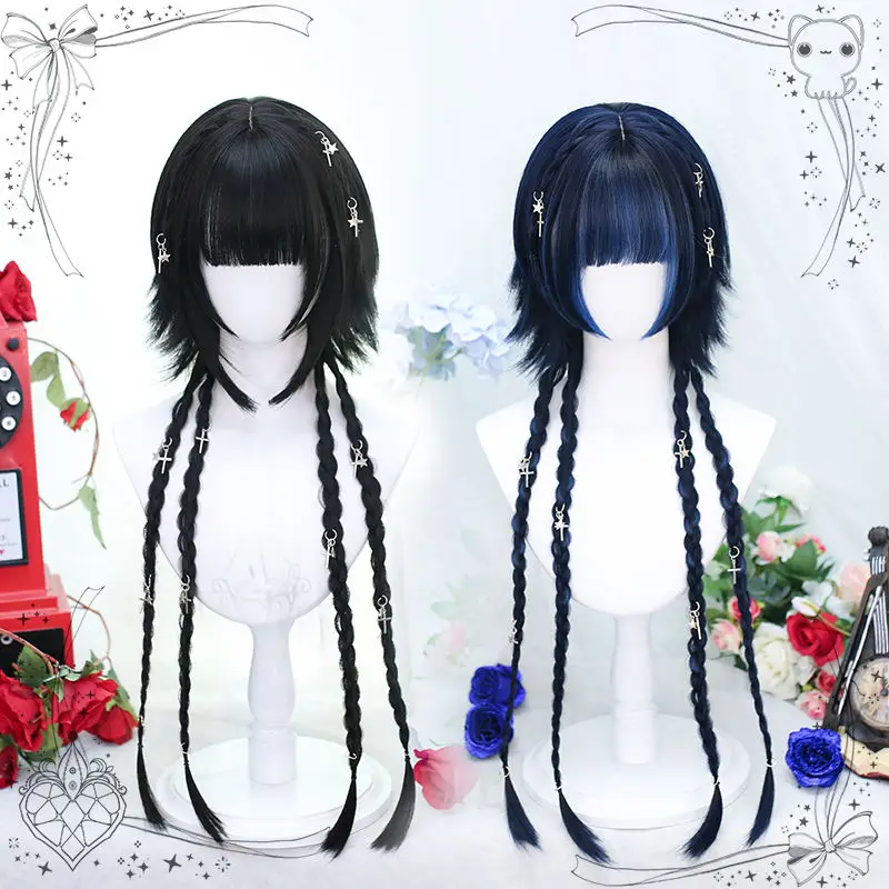 Cool Girl Full Head Female JK Short Hair Simulation Pigtail Gradation Cosplay Lolita Daily Wigs Heat Resistant Fiber