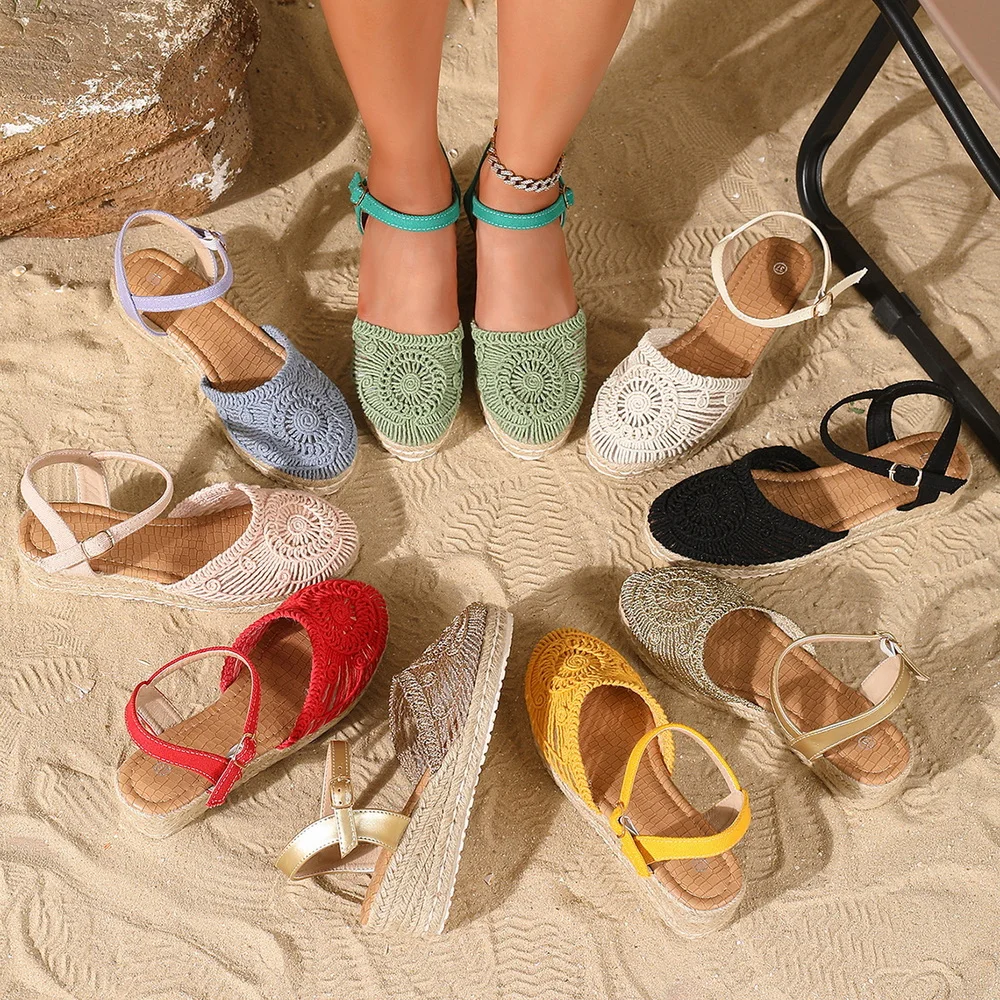 

2026 New Back Hollow Out Wedges Sandals,Women's High Heels Summer Weave Shoes,Round Toe.Ankle Strap,Candy Colors,Yellow,Dropship