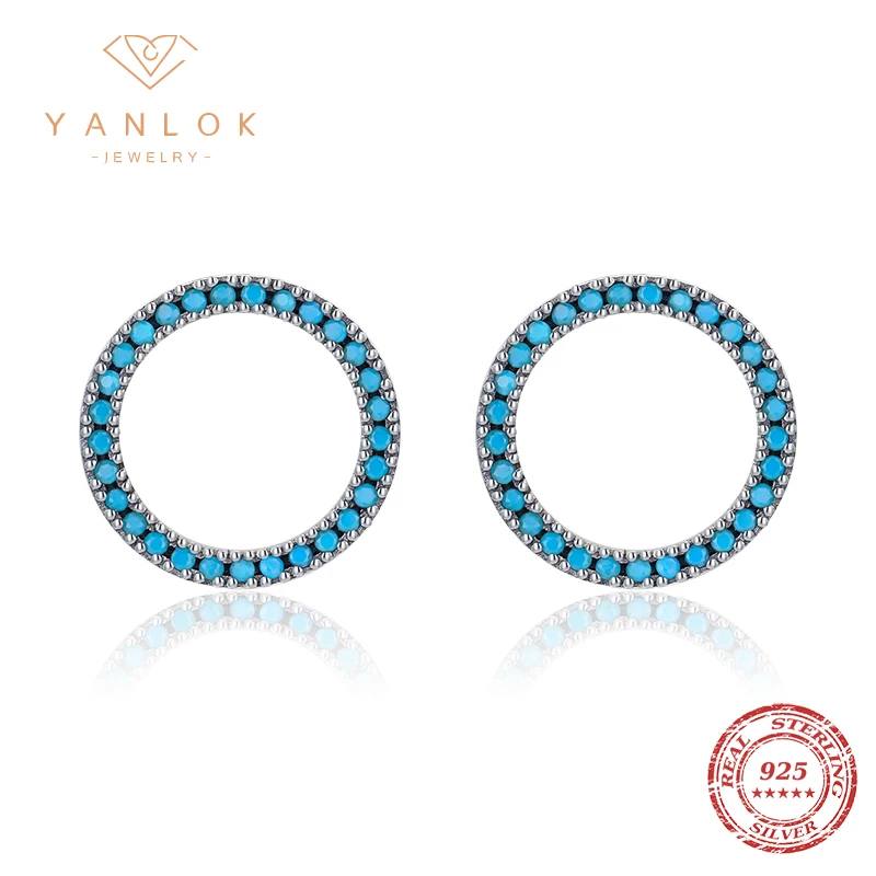 

YANLOK 925 Sterling Silver National Style Vintage Turquoise Stud Earrings For Women Statement Fashion Ear Jewelry Accessories