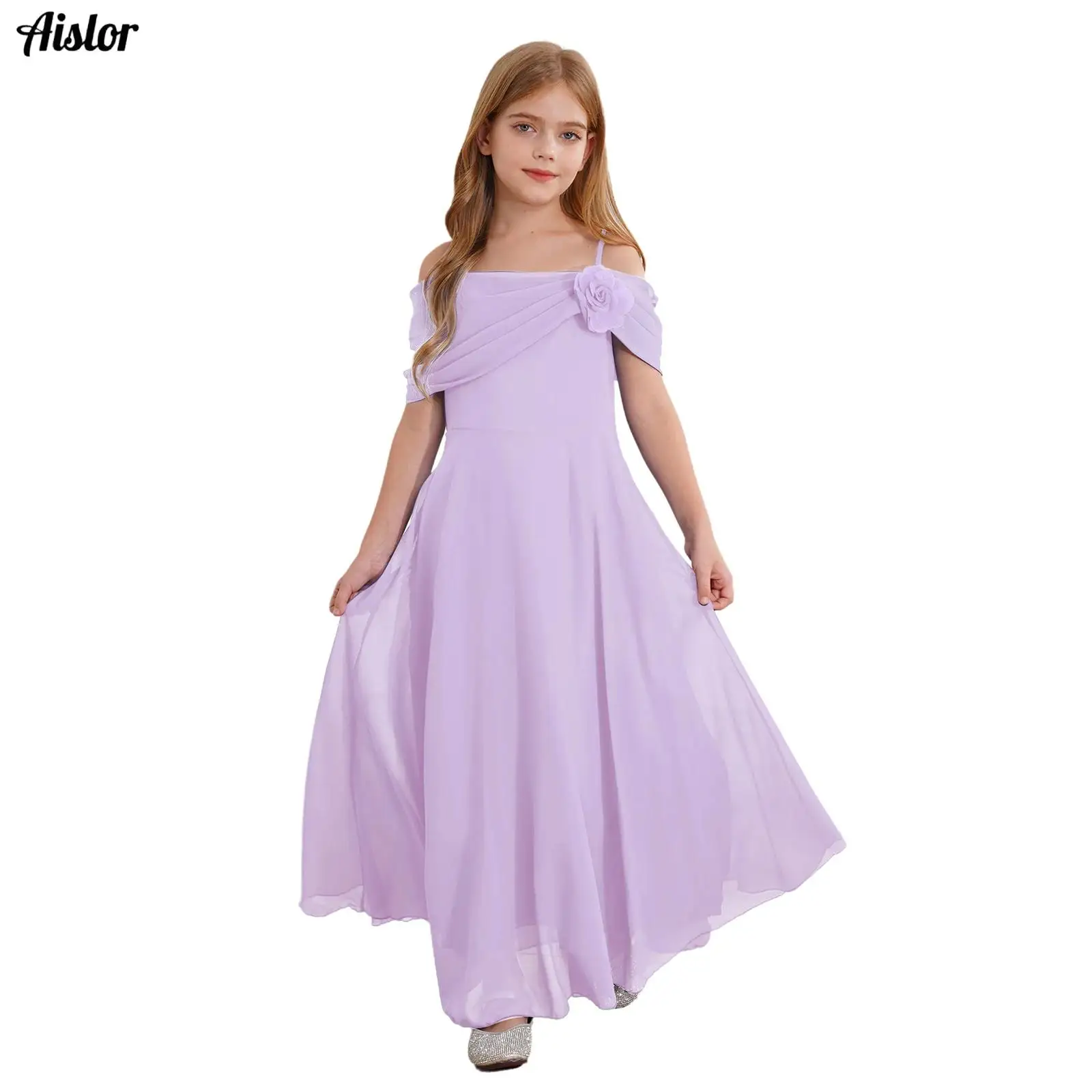 

Kids Girls Elegant Party Gowns Flower Applique Off Shoulder Flattering Ruched A-Line Chiffon Dress for Bridesmaid Birthday Proms