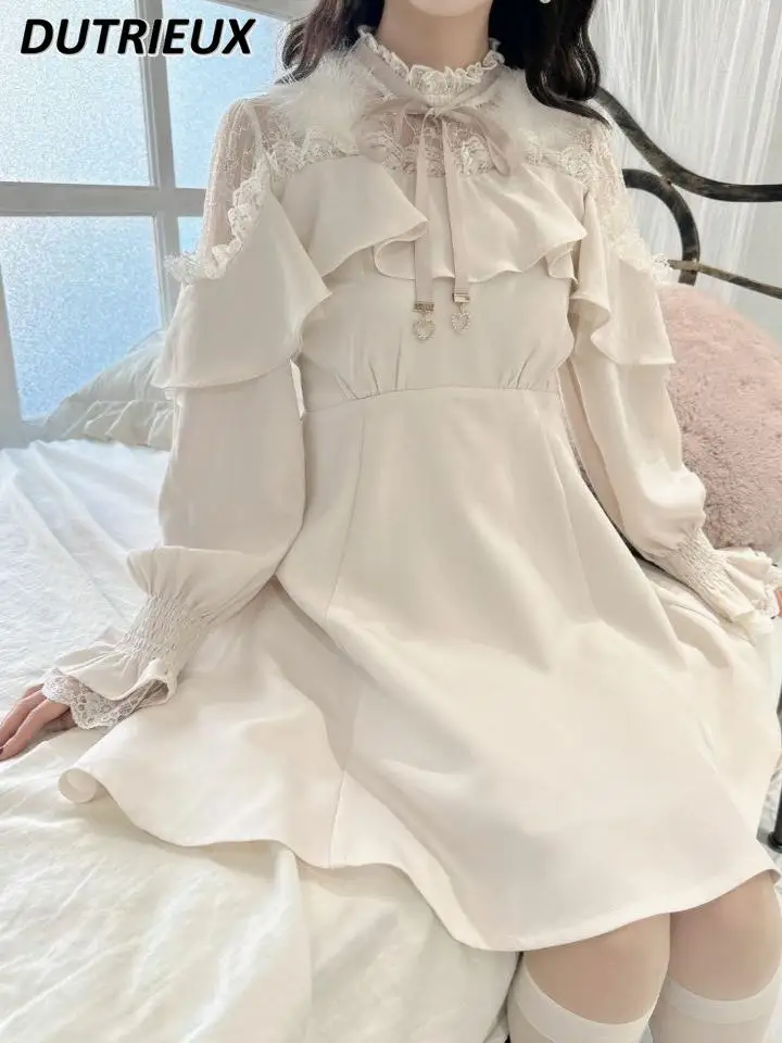 Vestidos de manga larga bonitos y dulces de Color liso para mujer, vestido informal con cuello empalmado y volantes de encaje con lazo y hombros descubiertos para primavera y otoño