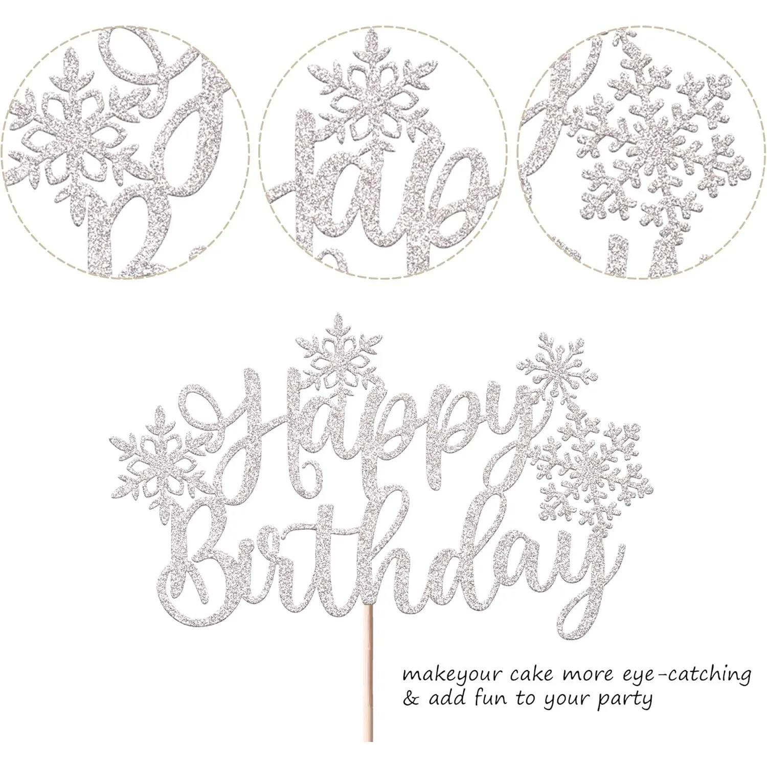 1 Packung Schneeflocken-Kuchenaufsatz „Happy Birthday“, glitzernd, für den Winter, gefrorenes Thema, Kuchendekorationen – Weihnachtsfeierzubehör, Silber – Detail 3
