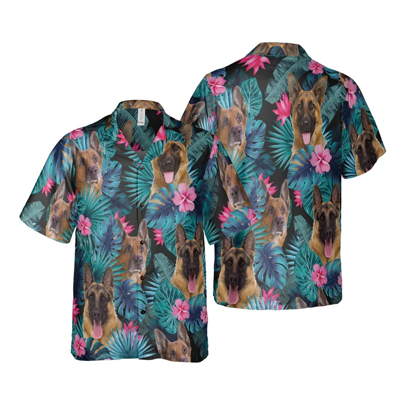 

Fashion German Shepherd Graphic Shirts For Men Clothes Hawaiian Flowere Beach Shirt Pet Dog Graphic Blouses Cartoon Dogs Y2k Top