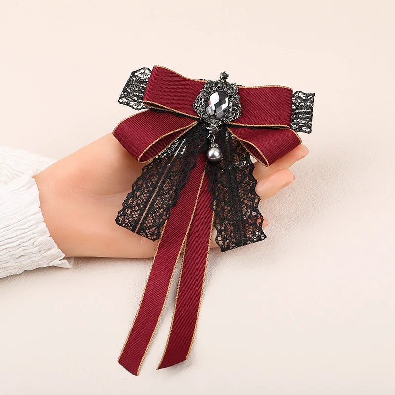 British and Korean Department Vintage College Geomantic Diamond Lace Bow Shirt Bow Tie Versatile Simple Brooch Accessories