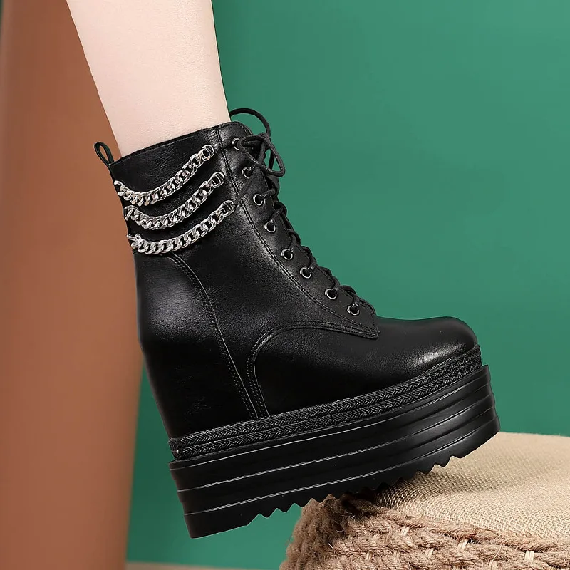 

13CM New Women Ankle Boots Leather Thick Sole Motorcycle Boots Female Autumn Spring Chain High Platform Shoes Woman Big Szie 42
