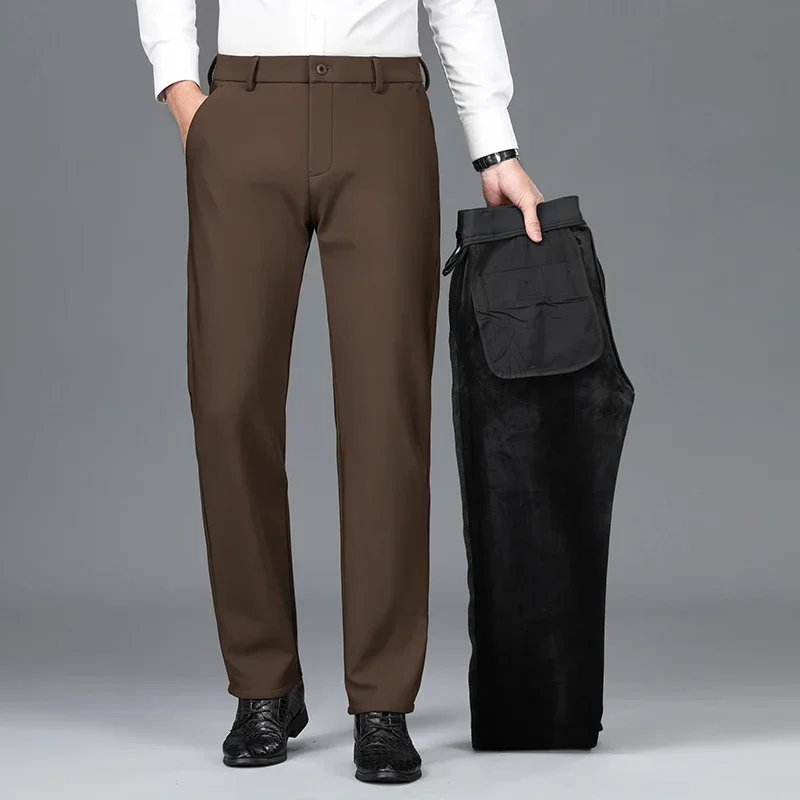 フリースメンズパンツ冬の新ファッションベルベット無地クラシックビジネスカジュアル肥厚暖かい豪華なズボンブランド服