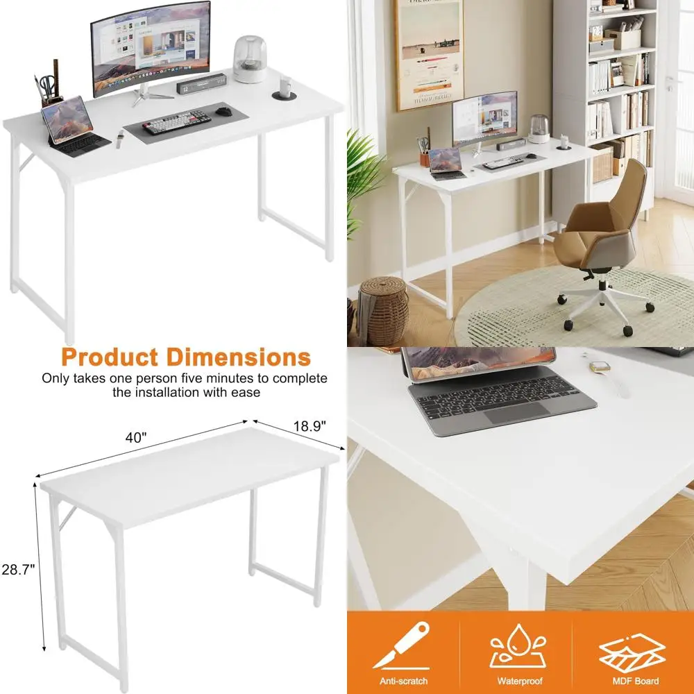 

Adjustable Feet 40 Inch Computer Desk for Home Office, Study Writing Table, Simple PC Work Desk, White, Suitable for Small Space