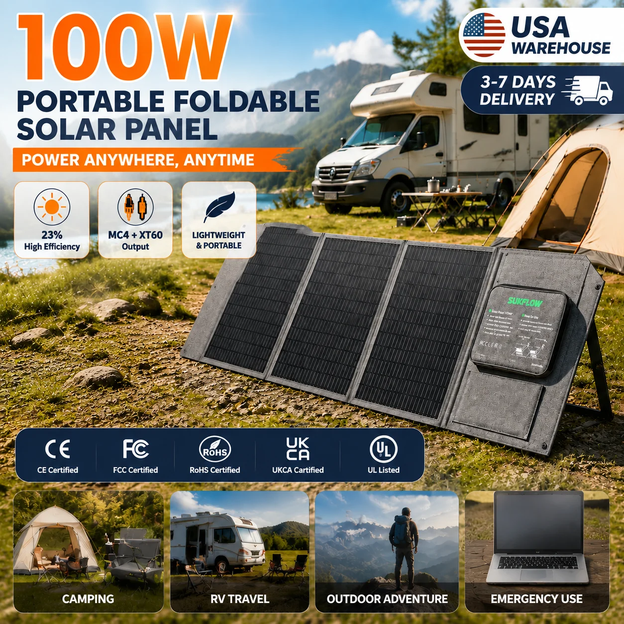 100W Foldable Portable Solar Panel 23% High Efficiency Monocrystalline Panel with MC4 USB Output for Camping RV Outdoor