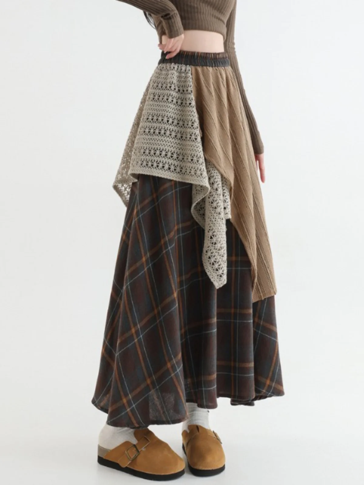 

Retro Patchwork Lace Unregular Plaid A-Line Skirt plus Size Women's Elastic Waist Slimming f-length Spring Faion