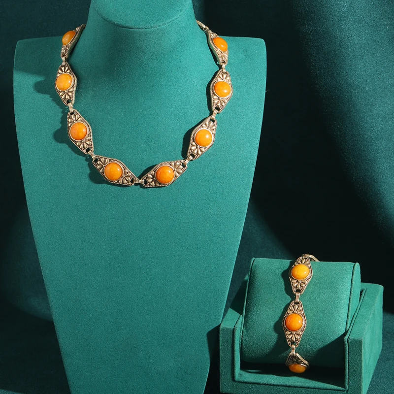 

Retro Vintage Jewelry Sets Luxury Designs Necklace Luxury High Quality Natural Stone Collar Purple Glass Bracelet Accessoires