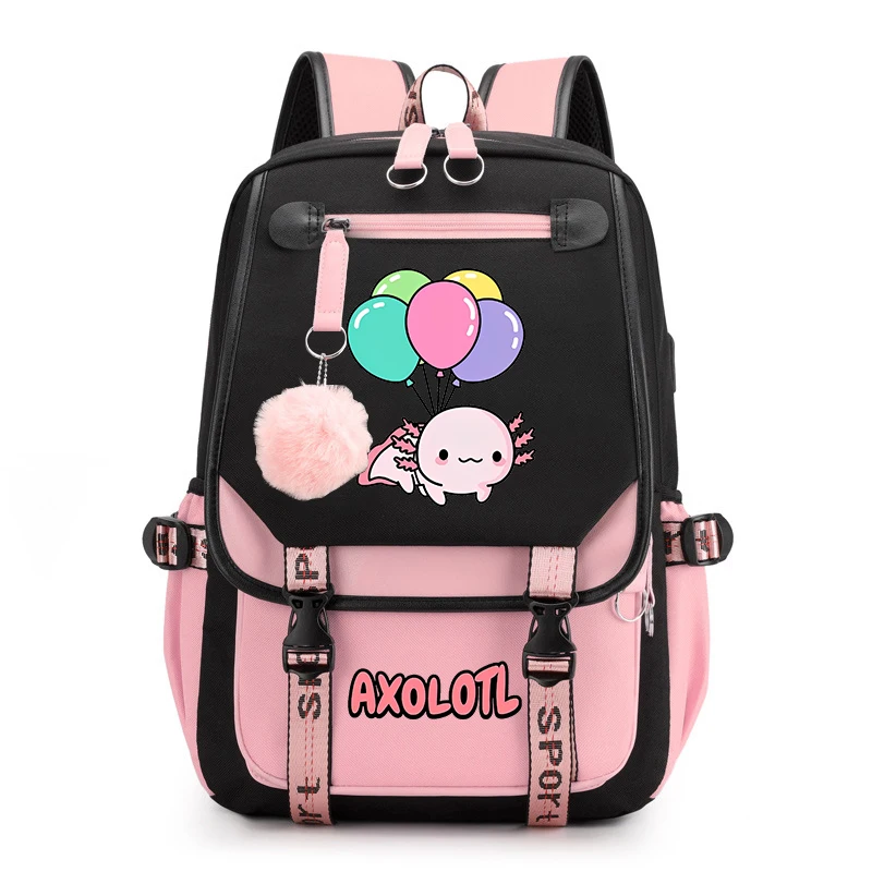 Mochila escolar con estampado Axolotl para niñas, bolsa de viaje con usb, regalo de regreso a la escuela