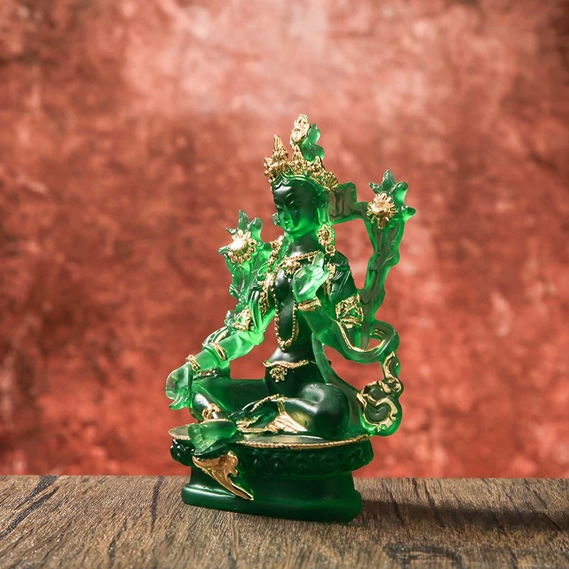 Green Tara Tibetan Buddhist Statue Resin Glass Mini Buddha Figurine Handcrafted Decor
