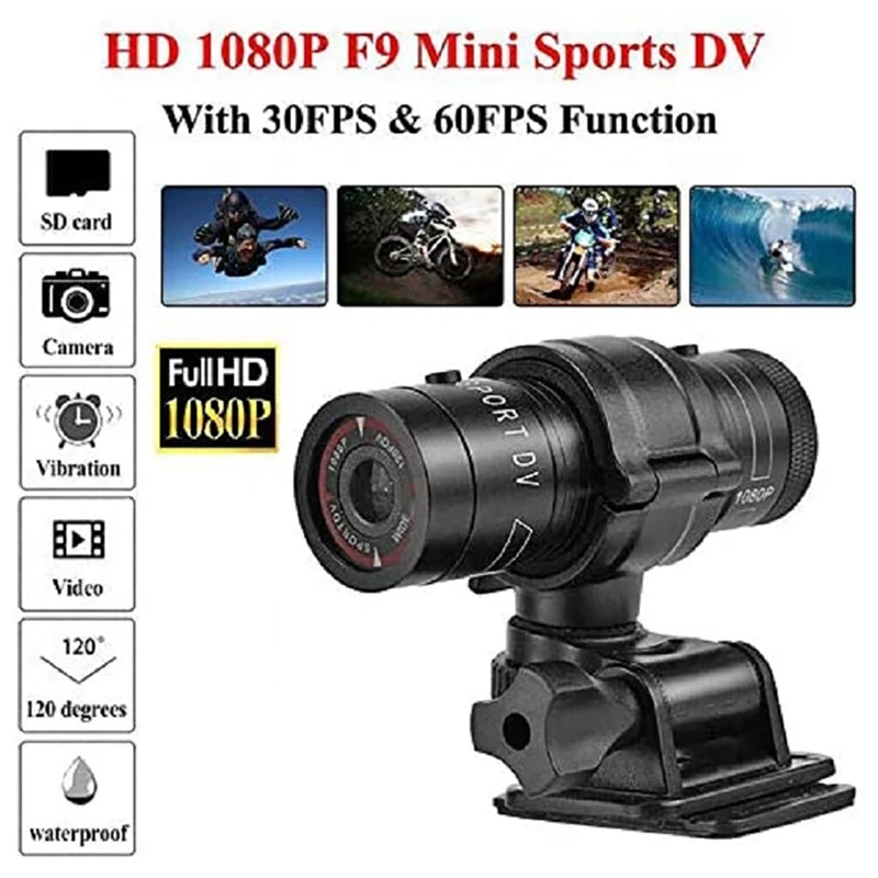 F9 Mini Sports Camera 100W 1080P Outdoor Riding Motorcycle Helmet Sports DV Camera Video Waterproof Bicycle Camera