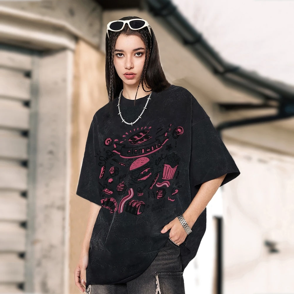 Women T-Shir Hamburgers French Fries Daily Food Prints Y2K Short Sleeved Shirts Overseas Export Top Clothing Sportswear Summer