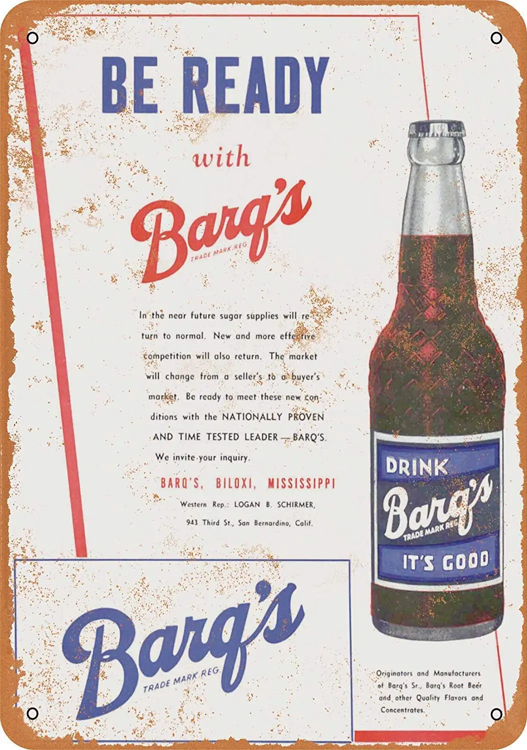 Isaric Tin Sign 1946 Barq's Root Beer - Vintage Metal Sign 8 x 12 Inches