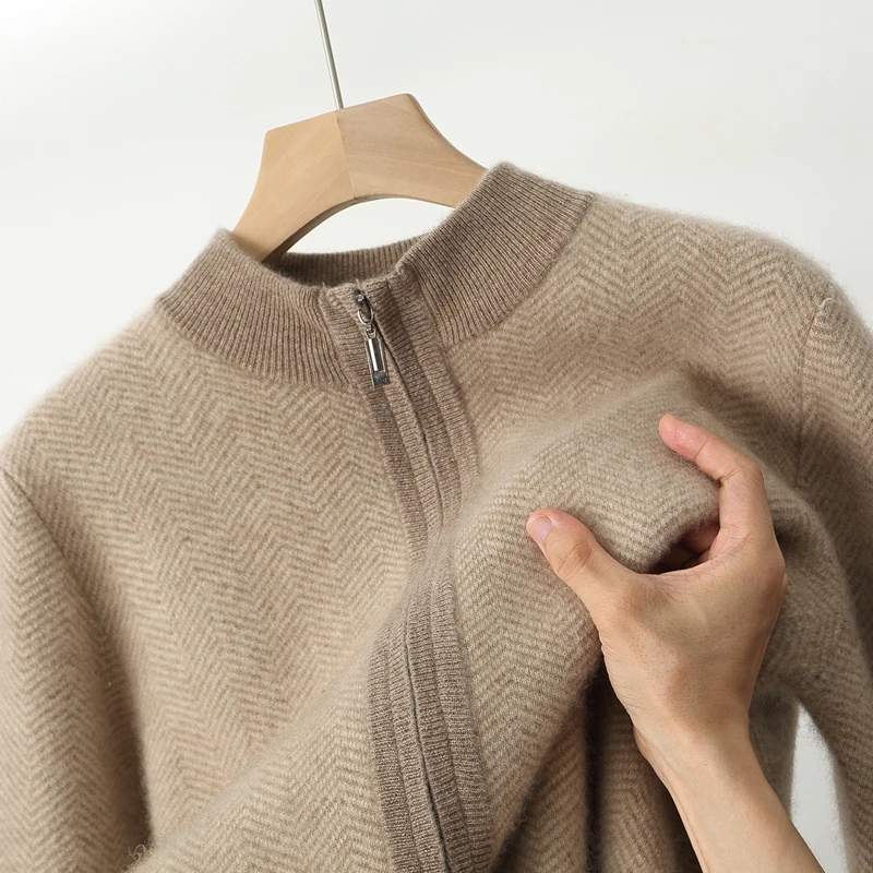 Fall/Winter 100% Pure Wool Cardigan Men's Semi-high Stand-up Collar Loose Zipped Cashmere Knitted Sweater Jacket