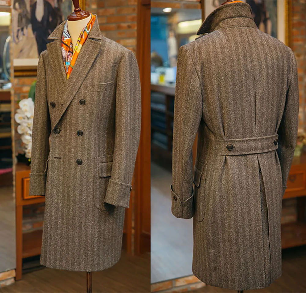 Vintage Wool Blend Herringbone Coat For Men Customized Double Breasted Warm Overcoat Jacket Formal Wear One Piece Plus Size