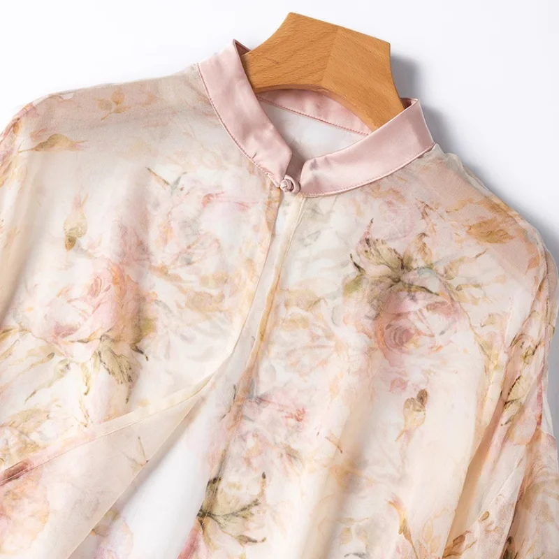 سترة Birdtree النسائية 100% من حرير التوت، معطف بأكمام واسعة وطبعة ياقة واقية من الشمس، لصيف 2025 T56813JF