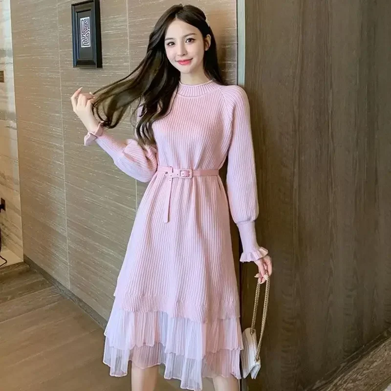 Crochet Dresses for Women Chic and Elegant Pretty Korean Style Woman Knitted Dress A Line Thic Long Sleeve Luxury Trendy Elastic