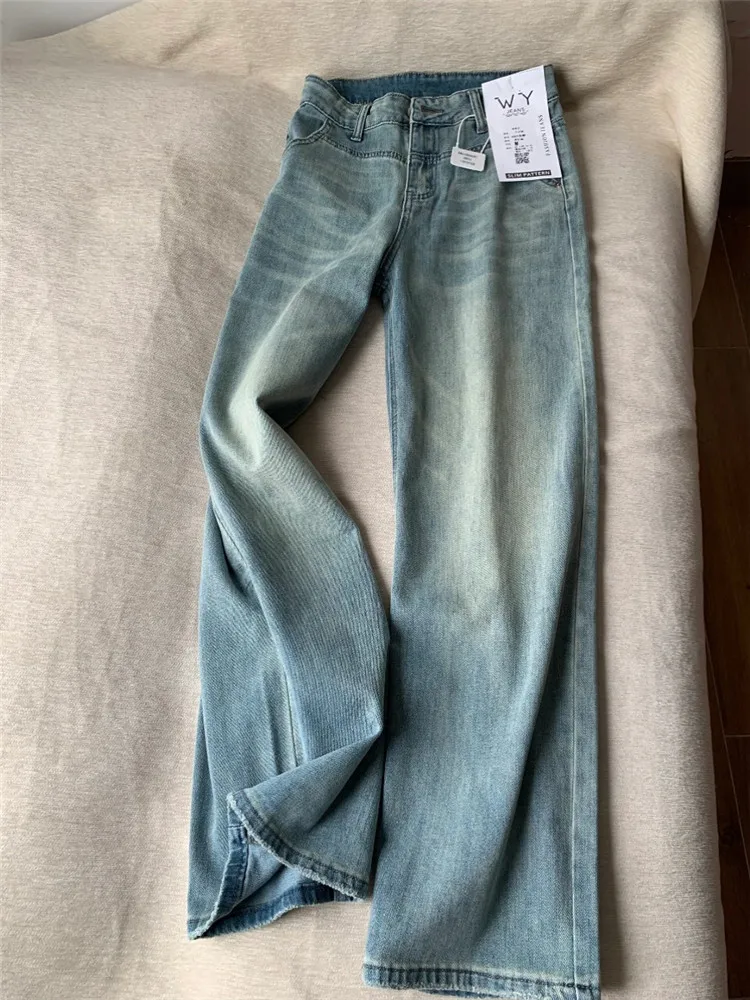 

Retro American Blue Straight Leg Jeans Women's High Waist Slim Fit Narrow Wide Leg Floor Length Pants Autumn Season Washed