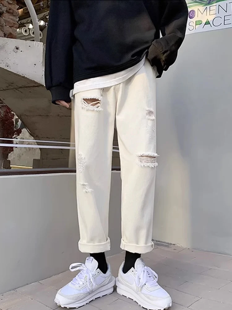

White Ripped Denim Jeans Men's Summer Thin Loose Straight Nine-Piece Pants American Trendy Brand Handsome Harlan Pants