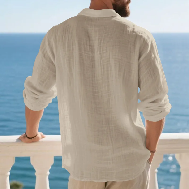 Leinen-Hemd mit Stehkragen und Knopfleiste, Herren Locker Sitzendes Atmungsaktives V-Ausschnitt Langarm-Polohemd – Detail 39