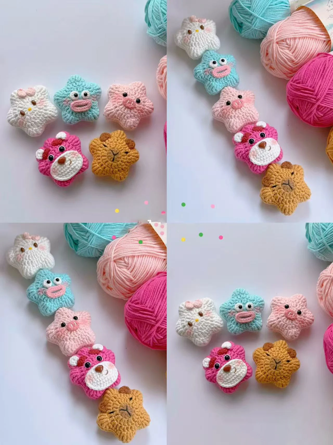 Handmade DIY Crochet Yarn Materials Kit Strawberry Bear Ugly Fish Star Doll Keychain Craft Kit for Clothing Accessories