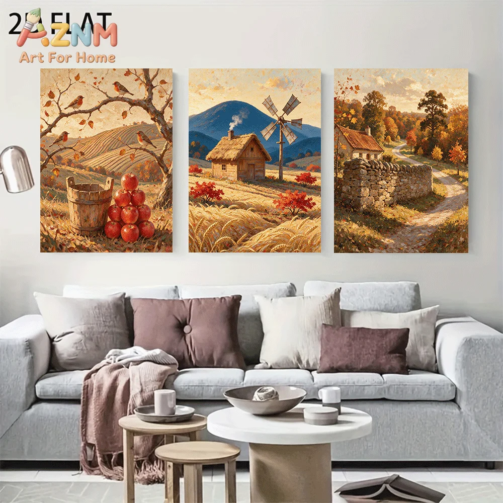 AZNM Frameless Canvas Wall Art, Autumn Farmhouse Windmill Apple Country Landscape Print, Vintage Fall Rural Scenery Wall Decor f
