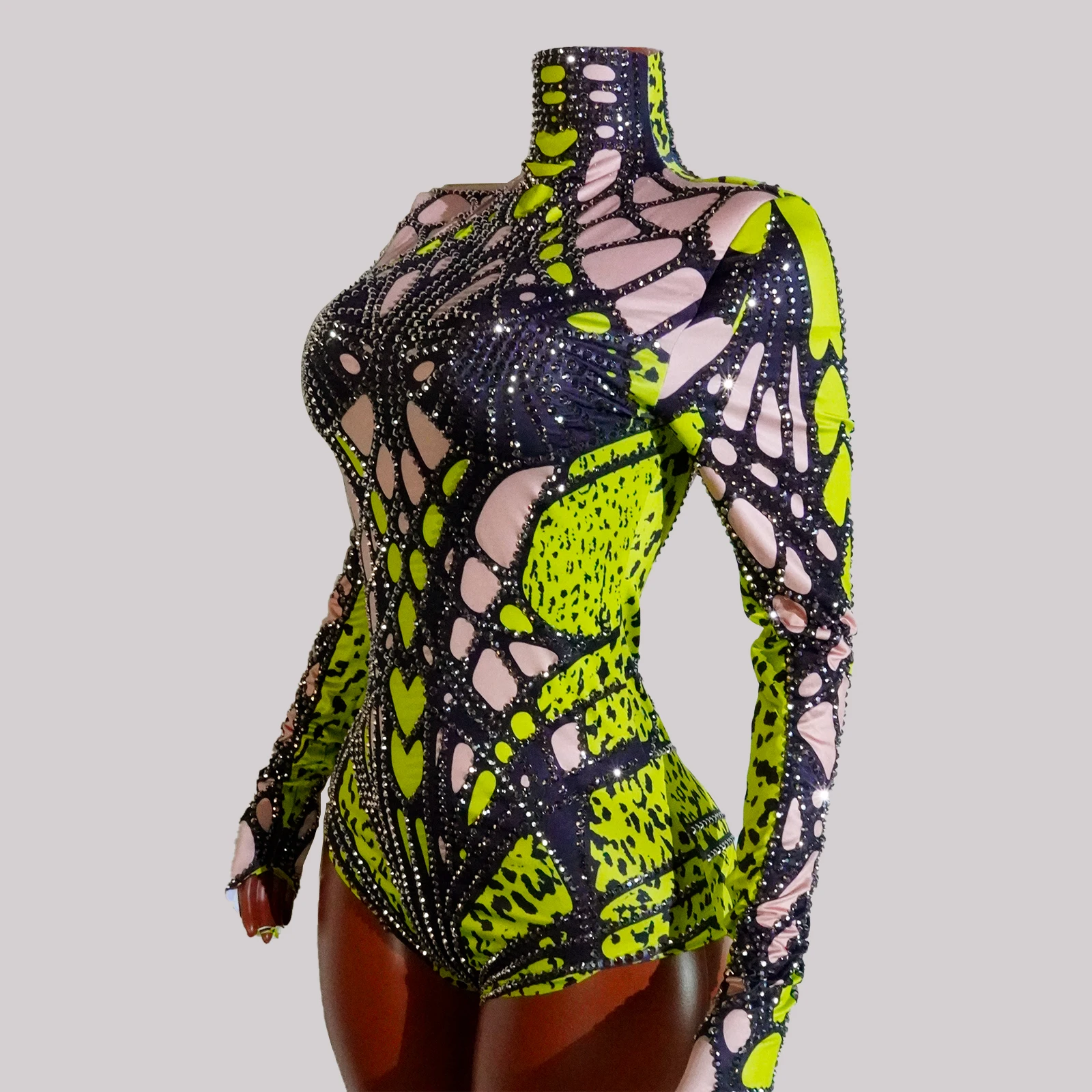 

Drag Queen Costume Glitter Rhinestone Green Leopard Print Bodysuit Dancewear Top Stage Outfit Showgirl Leotard Performace Party
