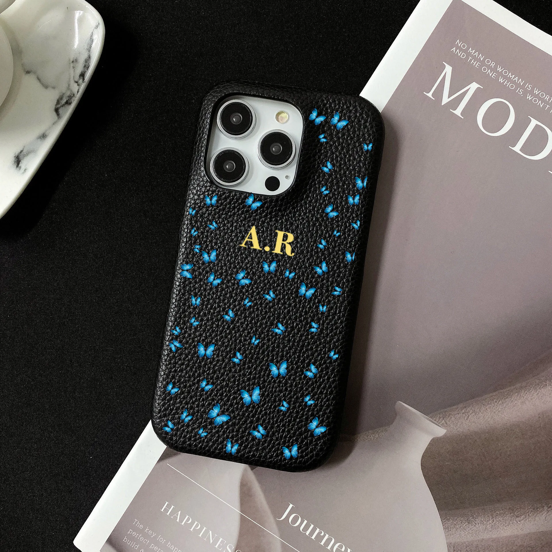 Personalised Customized Name Butterfly Leather Case For iPhone 16 15 14 13 12 11 Pro Max Initials Letters DIY Engraved Cover