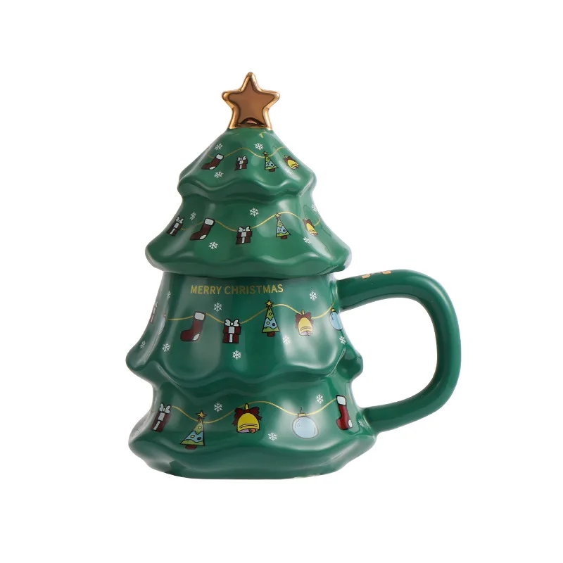 450ML Ceramic Mug Christmas Tree Shape Mug with Lid Holiday Water Cup Coffee Cup Couple Boys and Girls Gift Cups