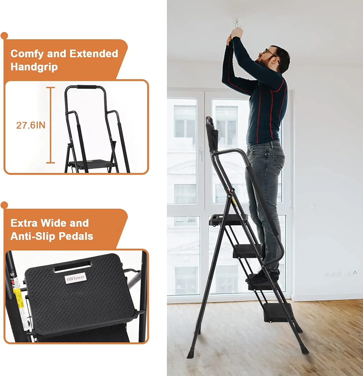 HBTower 4 Step Ladder with Handrails, 330 lbs Folding Step Stool with Attachable Tool Bag & Anti-Slip Wide Pedal