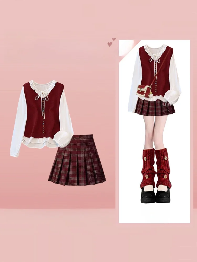 

2025 New Red Plaid Skirt And irt Set Women's Autumn Winter Faion Sense Two-Piece Set High Waist A-Line Skirt